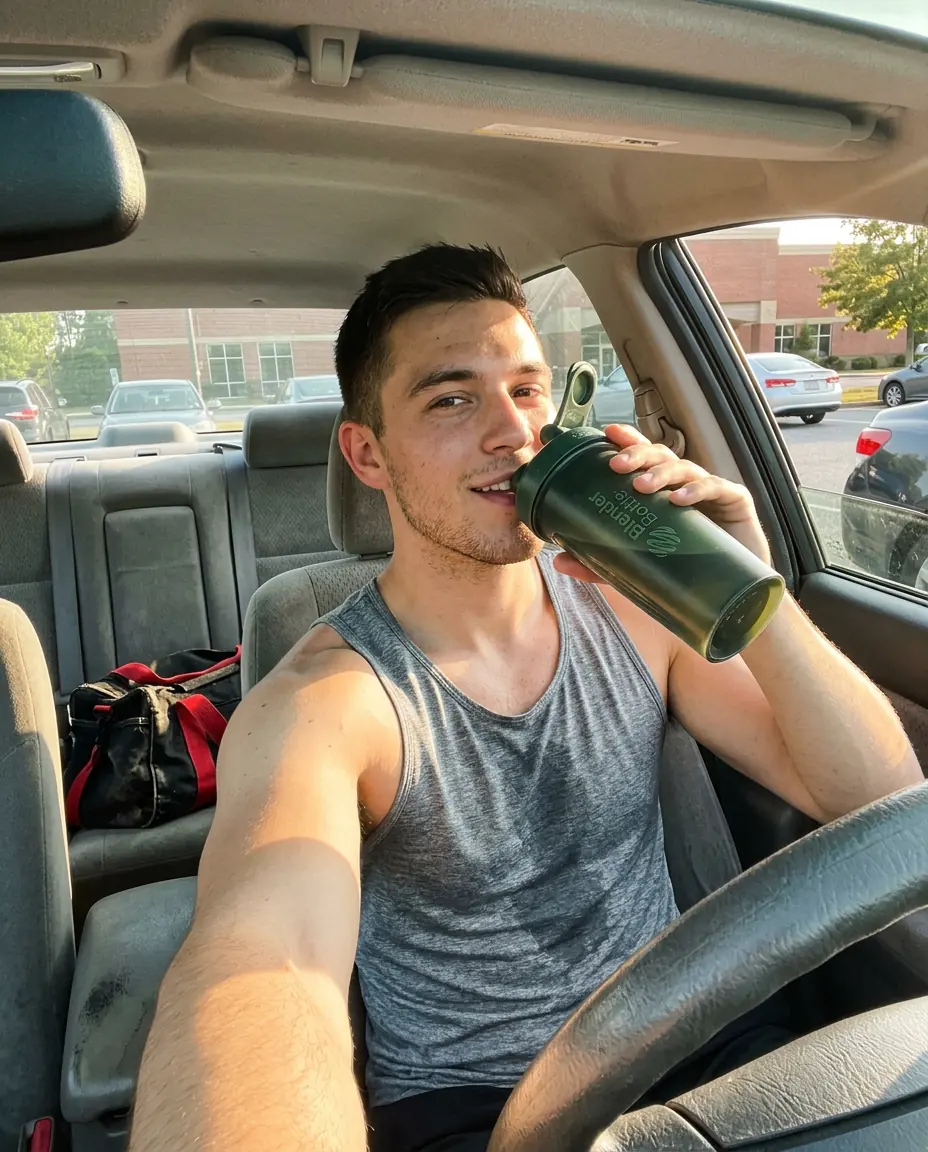 A guy drinking a protein shake in his car after the gym