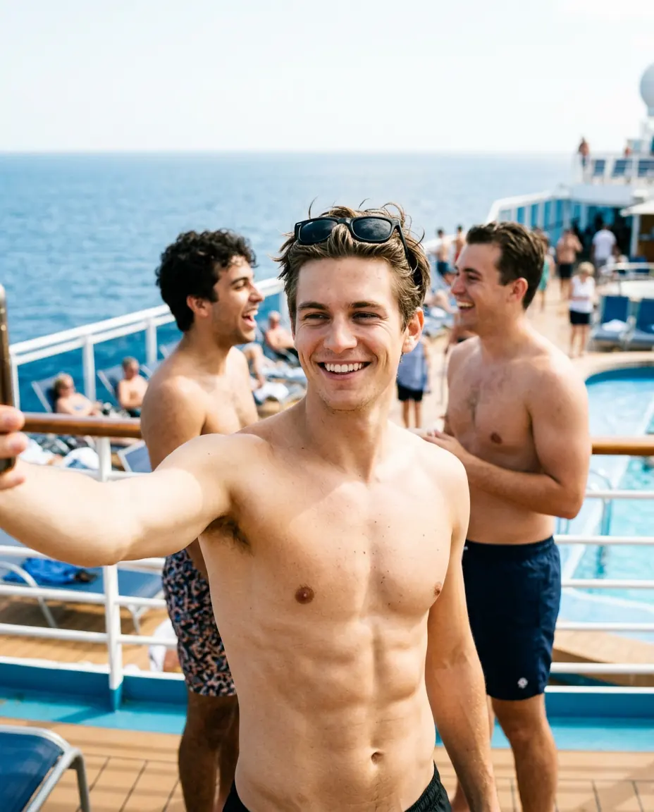 Friends taking a selfie on a cruise ship deck