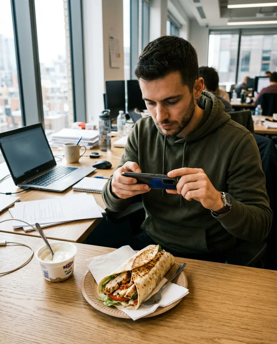 A guy photographing his lunch at his desk