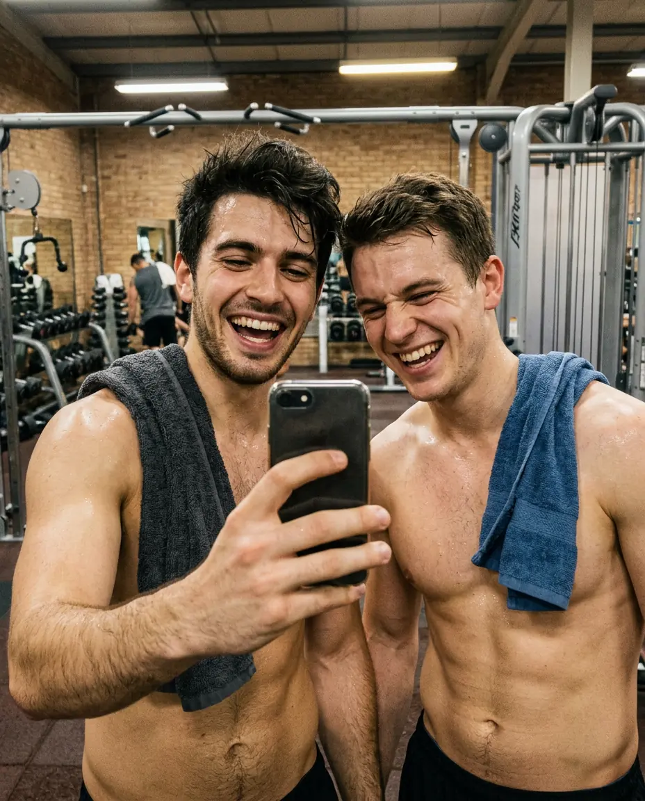 Two friends laughing at a phone at the gym
