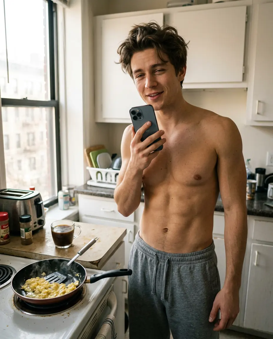 A guy recording a voice note while cooking eggs