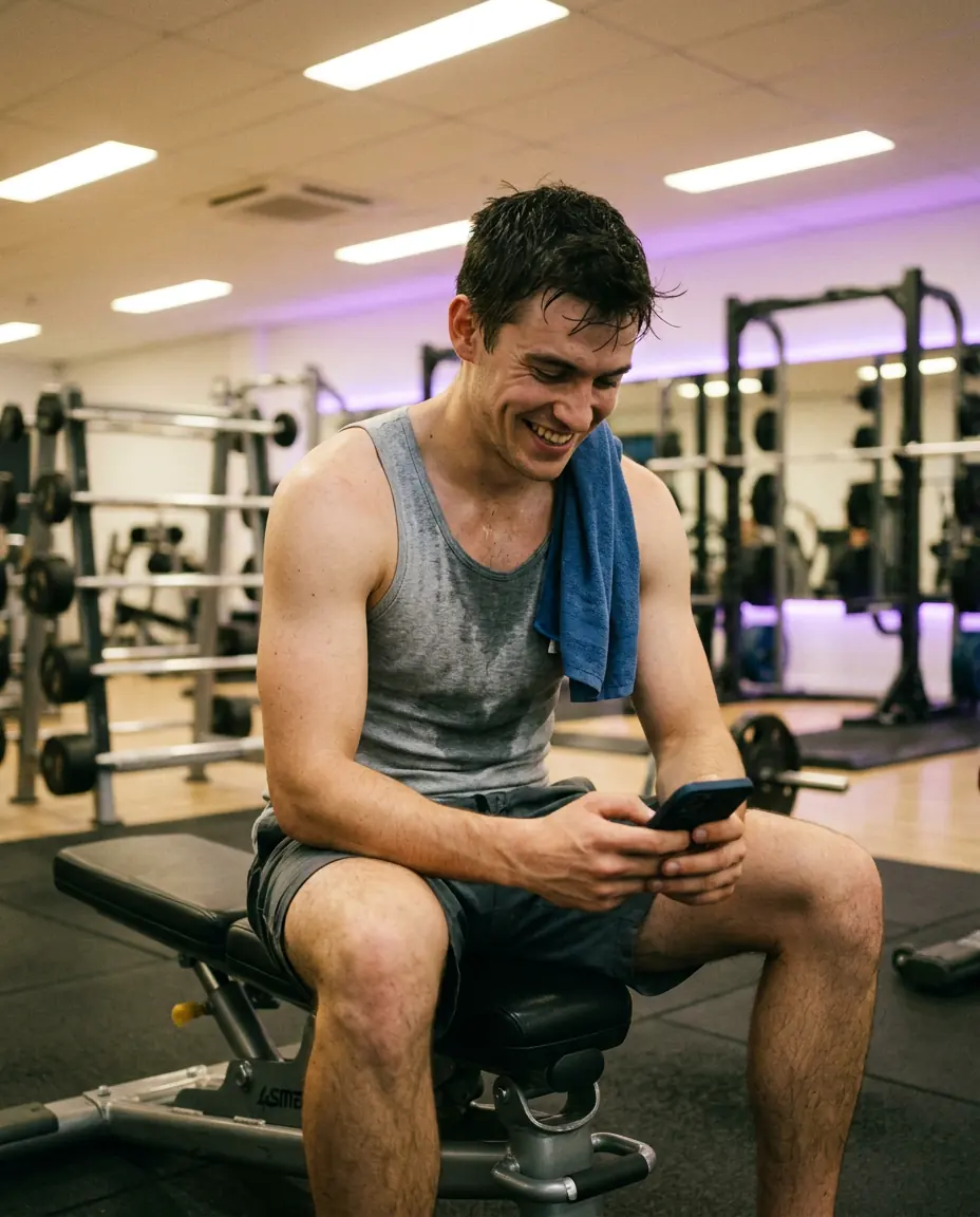 A guy checking his phone on a gym bench