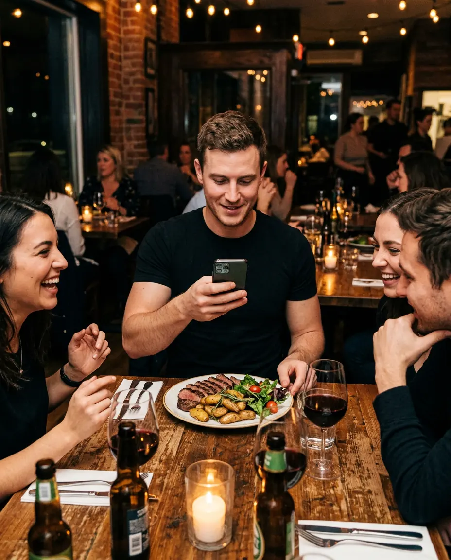 Friends at a steakhouse, one checking his phone