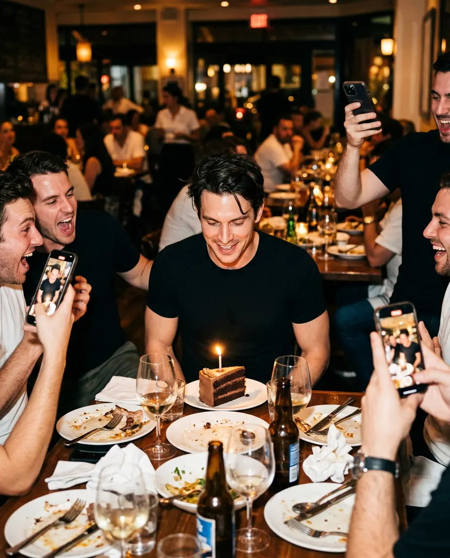 Friends at a birthday dinner with cake