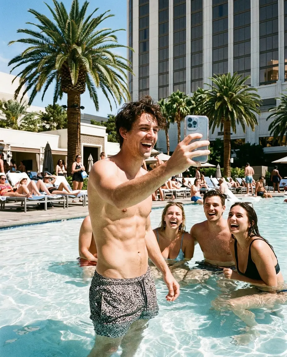 Friends taking a selfie in a hotel pool