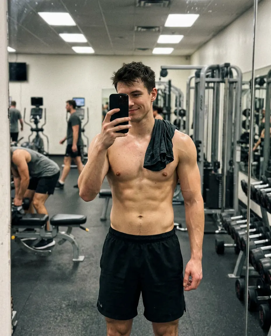 A guy taking a mirror selfie at the gym